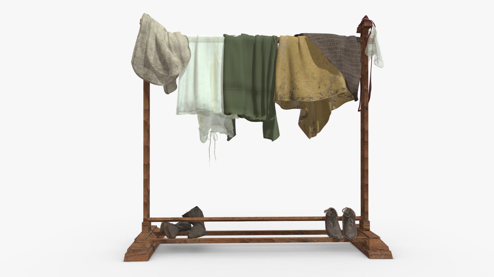 Check out my website for more products and better deals! &amp;gt;&amp;gt; SM5 by Heledahn &amp;lt;&amp;lt;

This is a digital 3D model of a medieval style clothes rack The rack is made of carved teak wood, and is weathered with dust and lichen. The rack is made of carved teak wood, and is weathered with dust and lichen. It has a top bar from where clothes can be hanged, and three bottom bars to arrange shoes.

There are several medieval style garments hanging from the bar in a casual way, also two pairs of shoes in the bottom bars.

This product will achieve realistic results in your rendering projects and animations, being greatly suited for close-ups due to their high quality topology and PBR shading.

The product contains Albedo, Roughness, Height, and Normal map (OpenGL) textures 3d model