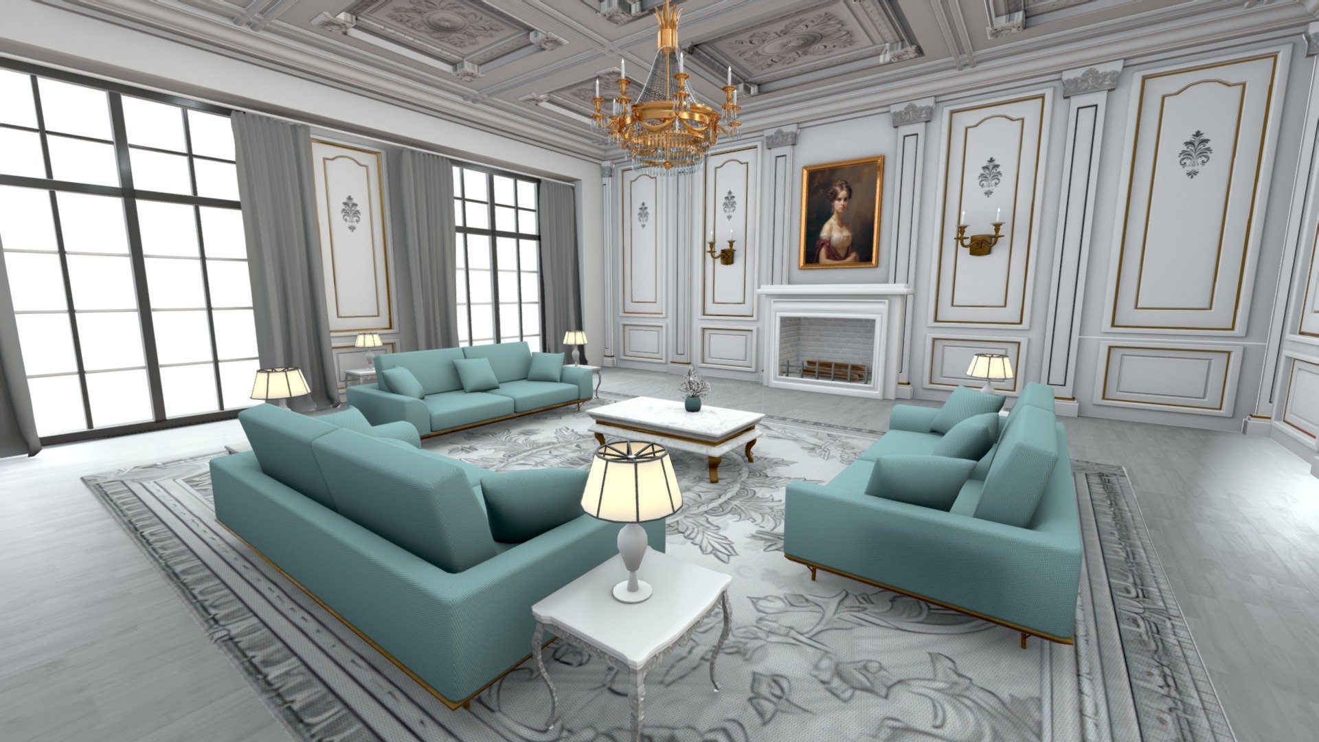 Introducing the Elegant Neoclassical Living Room, a 3D asset that seamlessly blends classical grandeur with modern comfort. With its meticulously crafted proportions, ornate moldings, and columns, this asset exudes historical charm. The gold accents add a layer of opulence, while the grand chandelier crowns the space with grace. Perfect for architectural visualizations, interior design simulations, or historical scenes, this versatile asset is a must-have for creators seeking to transport their audience to a realm of timeless elegance 3d model