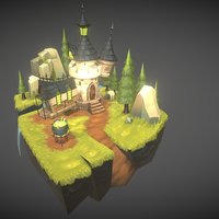 Witch Land castle, forest, land, water, 3d-max, handpainted, lowpoly, witch, stone, magic