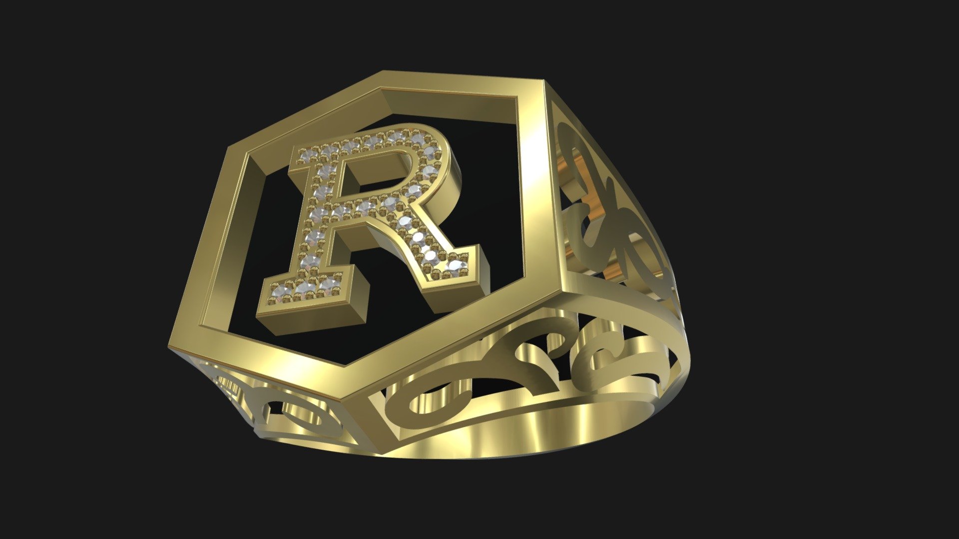 Customer requests heavy signet ring to be made with letter R and scroll work.
Letter is to have diamonds grain set in to it 3d model