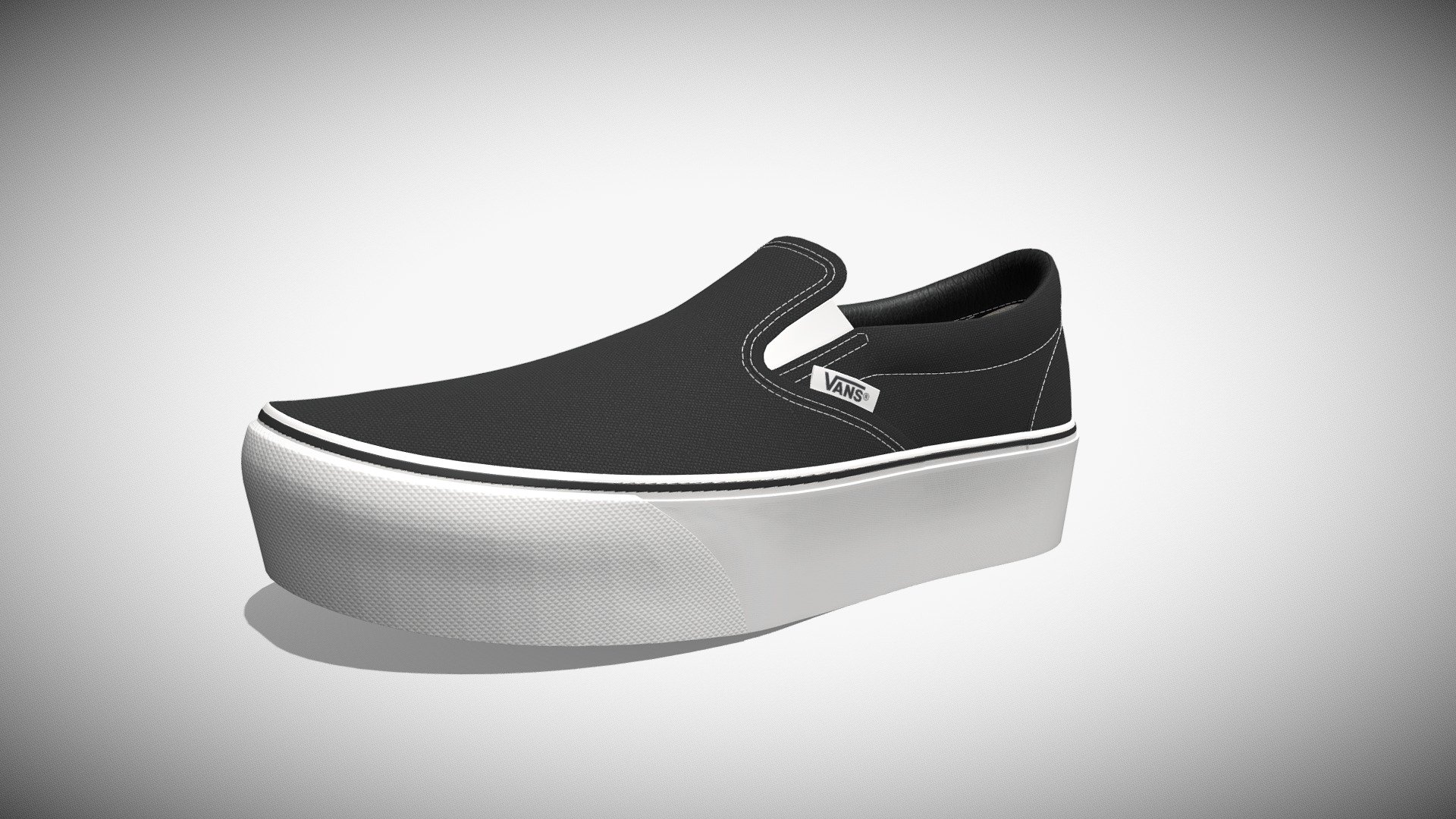 Detailed 3D model of a pair of Black And White Vans Classic Slip-On Platform sneakers, modeled in Cinema 4D. The model was created using approximate real world dimensions.

The model has 225,282 polys and 235,556 vertices.

An additional file has been provided containing the original Cinema 4D project file with both standard and v-ray materials, textures and other 3d format such as 3ds, fbx and obj. These files contain both the left and right pair of the shoes 3d model