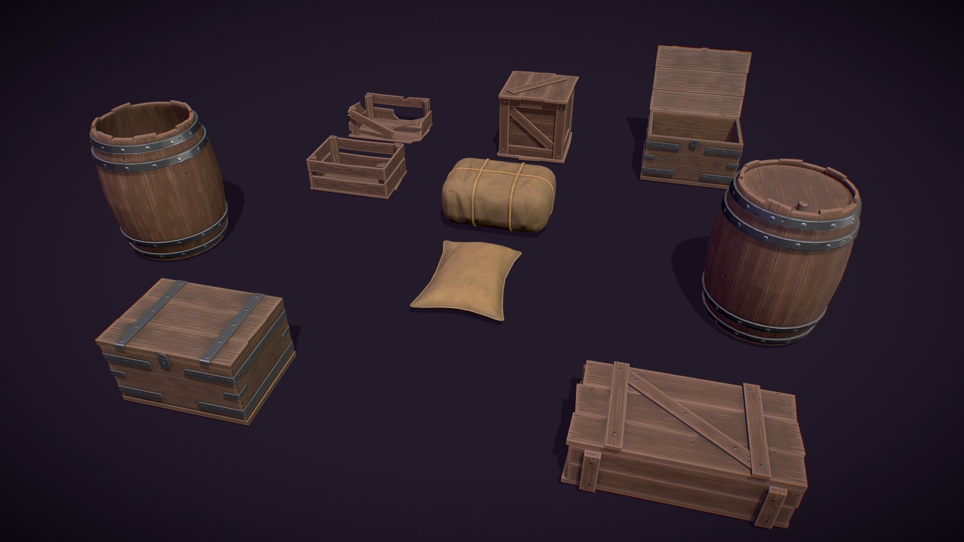 A Package of 10 Stylized Medieval Boxes, Packages, Barrels and Crates with Stylized PBR Textures.

Are you liked this Package? Feel free to take a look on my another models! Here

Features:

.Fbx, .Obj, .Uasset and .Blend files.

Low Poly Mesh game-ready.

Real-World Scale (centimeters).

Unreal Project 4.20+

Custom Collision for Unreal Engine 4 (Handmade).

Tris Count: 244 to 2,304.

Number of Textures (PNG): 45

Number of Textures (UE4/UE5): 27

Number of Materials (UE4/UE5): 2 Materials and 9 Material Instances

PBR Textures (1024x1024) and (2048x2048) (PNG).

Type of Textures: Base Color, Roughness, Metallic, Normal Map and Ambient Occlusion (PNG).

Combined RMA texture (Roughness, Metallic and Ambient Occlusion) for Unreal Engine 4 (PNG) 3d model
