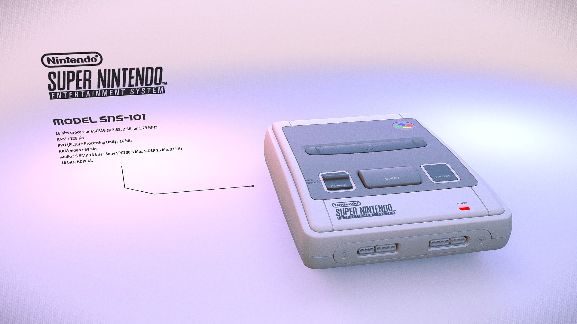 Hello !

I wanted to model what, for me, is an exceptional design and an outstanding console: the Super Nintendo in very details ! Please choose HD textures for the best experience ;-)

Blocked by lack of technical knowledge, I followed the hard surface tutorial of Gleb Alexandrov &amp; Aidy Burrows. Excellent tutorial thanks to them !

My goal was to realize a realistic Super Nintendo on every little details of this gem, from screws to textures, from pictures I took of my console. I hope you enjoy it as much as I enjoyed doing it (and sorry for my poor english ^^).

Greg - Super NES model SNS-101 (FRG) - Hardsurface - Buy Royalty Free 3D model by Sheeloo 3d model