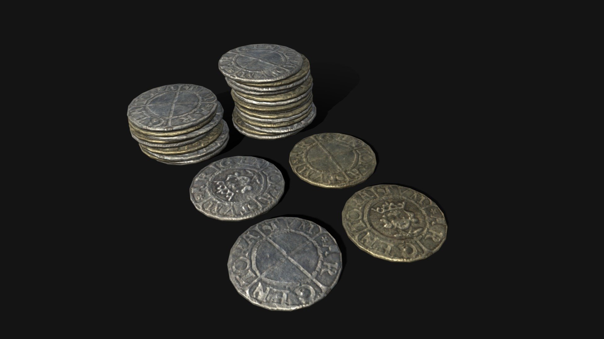 Medieval Coins  3D Model. This model contains the Medieval Coins  itself 

All modeled in Maya, textured with Substance Painter.

The model was built to scale and is UV unwrapped properly. Contains one 4K texture set

⦁   240 tris. 

⦁   Contains: .FBX .OBJ and .DAE

⦁   Model has clean topology. No Ngons.

⦁   Built to scale

⦁   Unwrapped UV Map

⦁   4K Texture set

⦁   High quality details

⦁   Based on real life references

⦁   Renders done in Marmoset Toolbag

Polycount: 

Verts 124

Edges 280 

Faces 160

Tris 240

If you have any questions please feel free to ask me 3d model