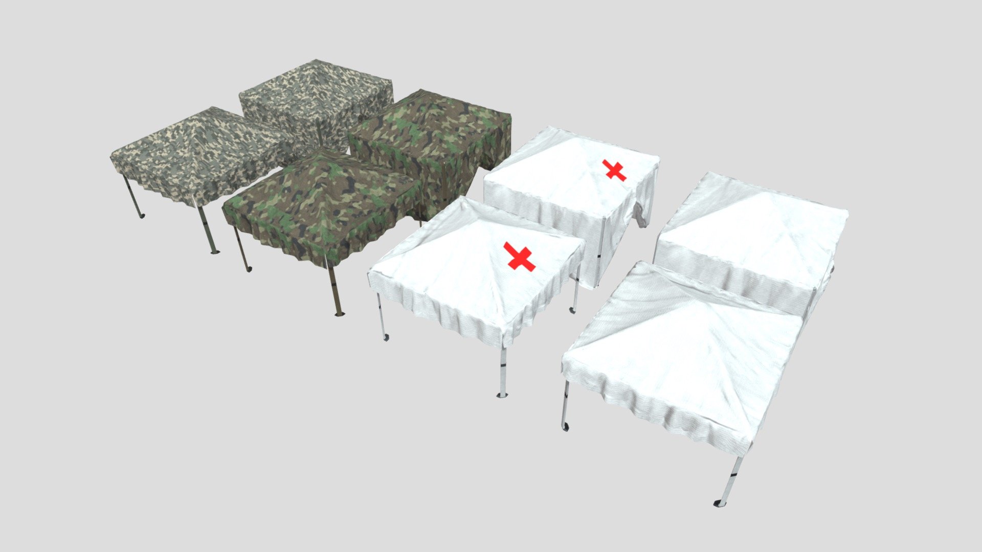These Canopy Tents are perfect for any outdoor, military, or camping scene. The meshes come with 2K Texture sets and can be viewed from all angles and distances.

Highpoly Version INCLUDED in the .blend file.

This Includes:

The mesh (Tent Canopy CLOSED, Tent Canopy OPEN)
2K Texture sets (albedo, Metallic, Roughness, Normal, Height)
4 Variations (White Canopy, Medical Canopy, Woodland Camo, Digital Camo)
The mesh is UV Unwrapped with vertex colors for easy retexturing 3d model