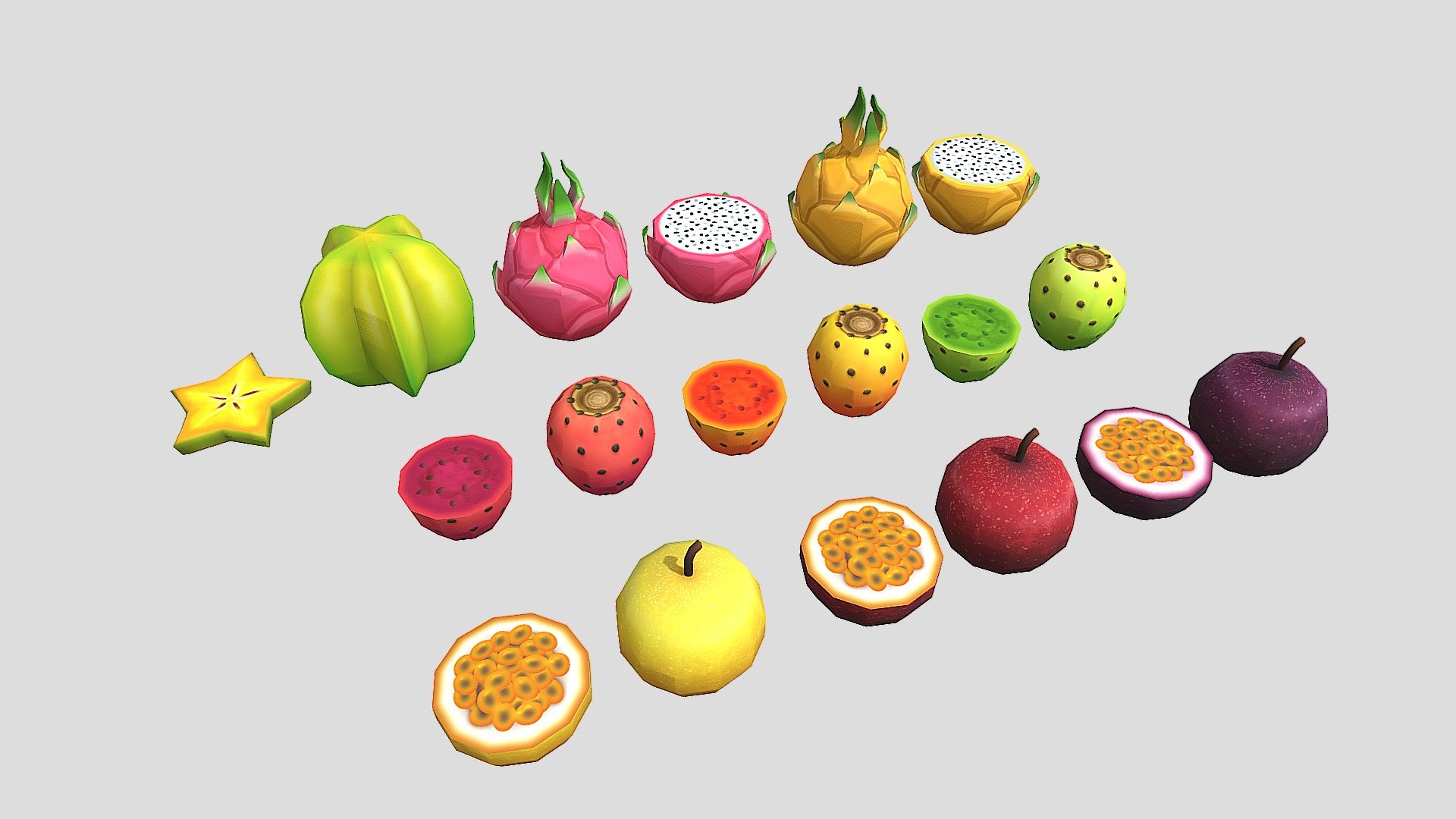 Prickly pear, Passion fruit,
Carambola and
Dragon fruit - Cartoon Prickly Pear,Carambola and Dragon Fruit - Download Free 3D model by Somebody (@sashafffaa) 3d model