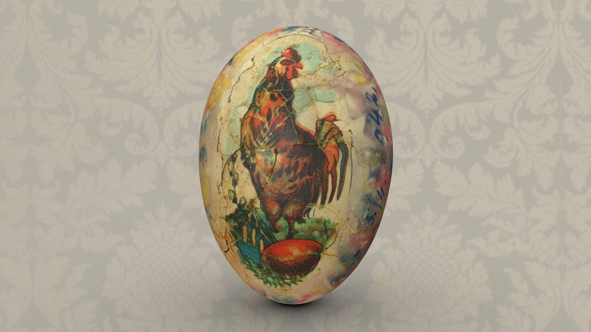 Colorful painted Easter egg with the image of a rooster. Calcium carbonate (eggshell); h 6,2 cm; dm 4,4 cm. Location: Volkskundemuseum Wien - Osterei - 3D model by noe-3d.at (@www.noe-3d.at) 3d model