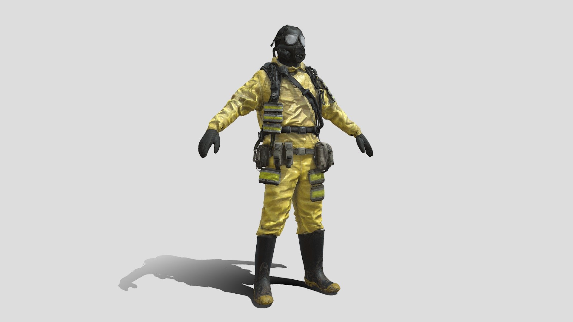 RIGGED, Yellow and Green Textures Sets included

Gas Mask Included 3D Hazmat nuclear , bacteriological , chemical hazard NBC ( Level 3 and 4 ) Kane Pixels backroom suit modeled in high precision with two Color Sets of Textures. This is a mix between several references i found. this model has been accurately recreated in 3d High poly to keep every details.

The Quality you need : First of all, this model was based on a several pictures and close up of the real product to provide you the best quality in terms of texture references and proportions.

The entire model was textured with its accessories relying on references and actual products. Textures may need to be relocate after uncompressing the Texture file.

included :

High poly Model *UDIMS * mapped
4K Textures. Dark Green &amp; Yellow
Blender, Cycles, RIGGED ( Textured )
FBX, RIGGED ( Mesh Only, texture needs to be reconnected )
OBJ ( Mesh Only, texture needs to be reconnected ) - HAZMAT NBC Suit Rigged - Buy Royalty Free 3D model by Albin (@albinmerle) 3d model