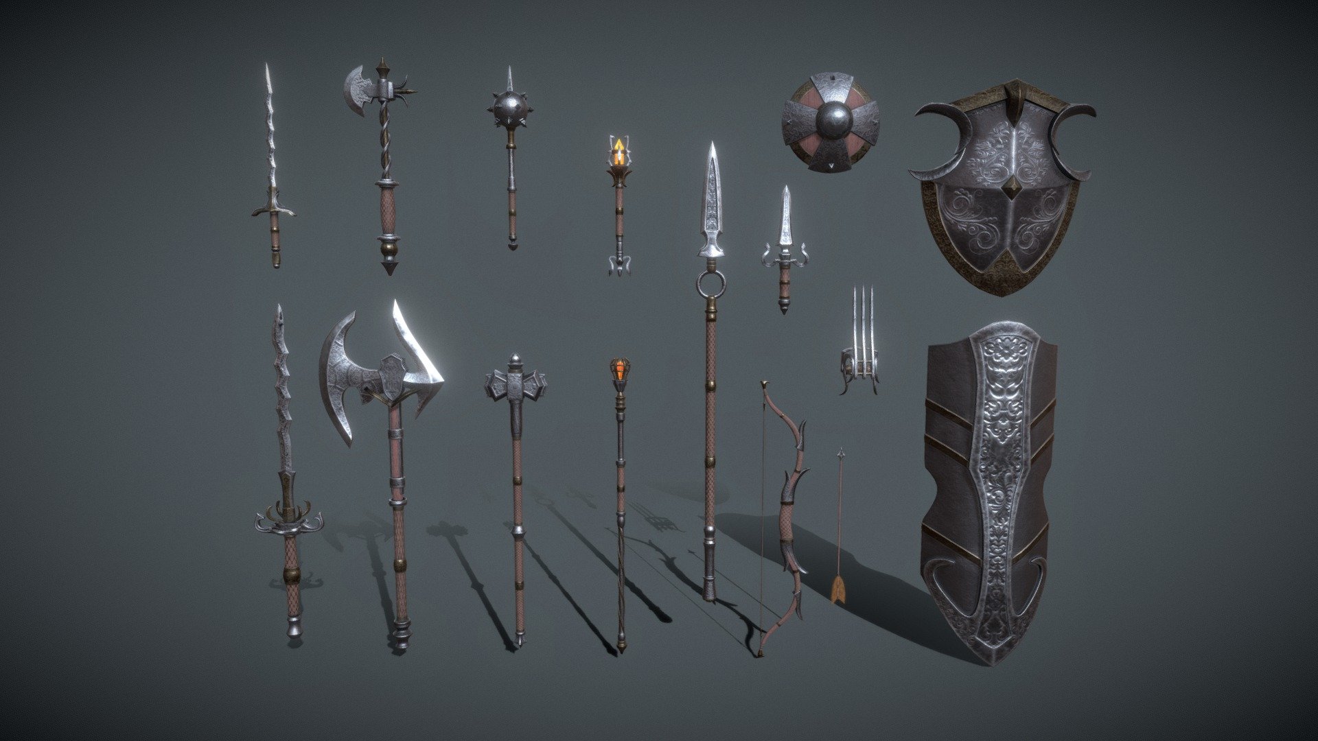 Steel Fantasy Weapon Set

A set of fantasy Steel weapons.

The set consists of sixteen unique objects.

PBR textures have a resolution of 2048x2048.

Total polygons: 48734 triangles; 24809 vertices.

1) Sword (one-handed) - 3164 tris

2) Sword (two-handed) - 5832 tris

3) Mace (one-handed) - 3152 tris

4) Mace (two-handed) - 2660 tris

5) Ax (one-handed) - 2940 tris

6) Ax (two-handed) - 3550 tris

7) Lance - 2920 tris

8) Dagger - 2356 tris

9) Brass knuckles - 2784 tris

10) Bow - 4000 tris

11) Staff - 4248 tris

12) Scepter - 3090 tris

13) Shield (small) - 1848 tris

14) Shield (medium) - 2930 tris

15) Shield (great) - 2956 tris

16) Arrow - 504 tris

Archives with textures contain:

PNG textures for blender - base color, metallic, normal, roughness, opacity, glow

Texturing Unity (Metallic Smoothness) - AlbedoTransparency, MetallicSmoothness, Normal, Emission

Texturing Unreal Engine - BaseColor, Normal, OcclusionRoughnessMetallic, Emissive - Steel Weapons Fantasy Set - 3D model by zilbeerman 3d model