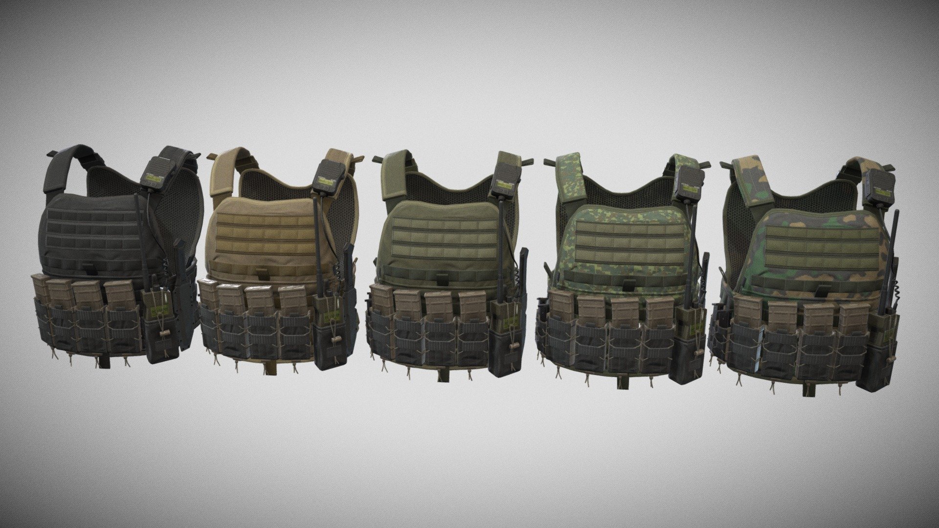 Game-Ready PBR low-poly model of tactical vest

Single model:

5364 polygons
10308 triangles
5627 vertices

Maps:

equipment_AO.tga, equipment_BaseColor.tga, equipment_Diffuse.tga, equipment_Metallic.tga, equipment_Normal.tga, equipment_Roughness.tga (1024x1024)

vest_Normal.tga, vest_Metallic.tga, vest_AO.tga, vest_Diffuse_Desert.tga, vest_Diffuse_Black.tga, vest_Diffuse_Camo_01.tga, vest_Diffuse_Camo.tga, vest_Roughness.tga, vest_Diffuse_Green.tga (1024x1024) - Tactical Vest - 3D model by alpenwolf (@alpen) 3d model