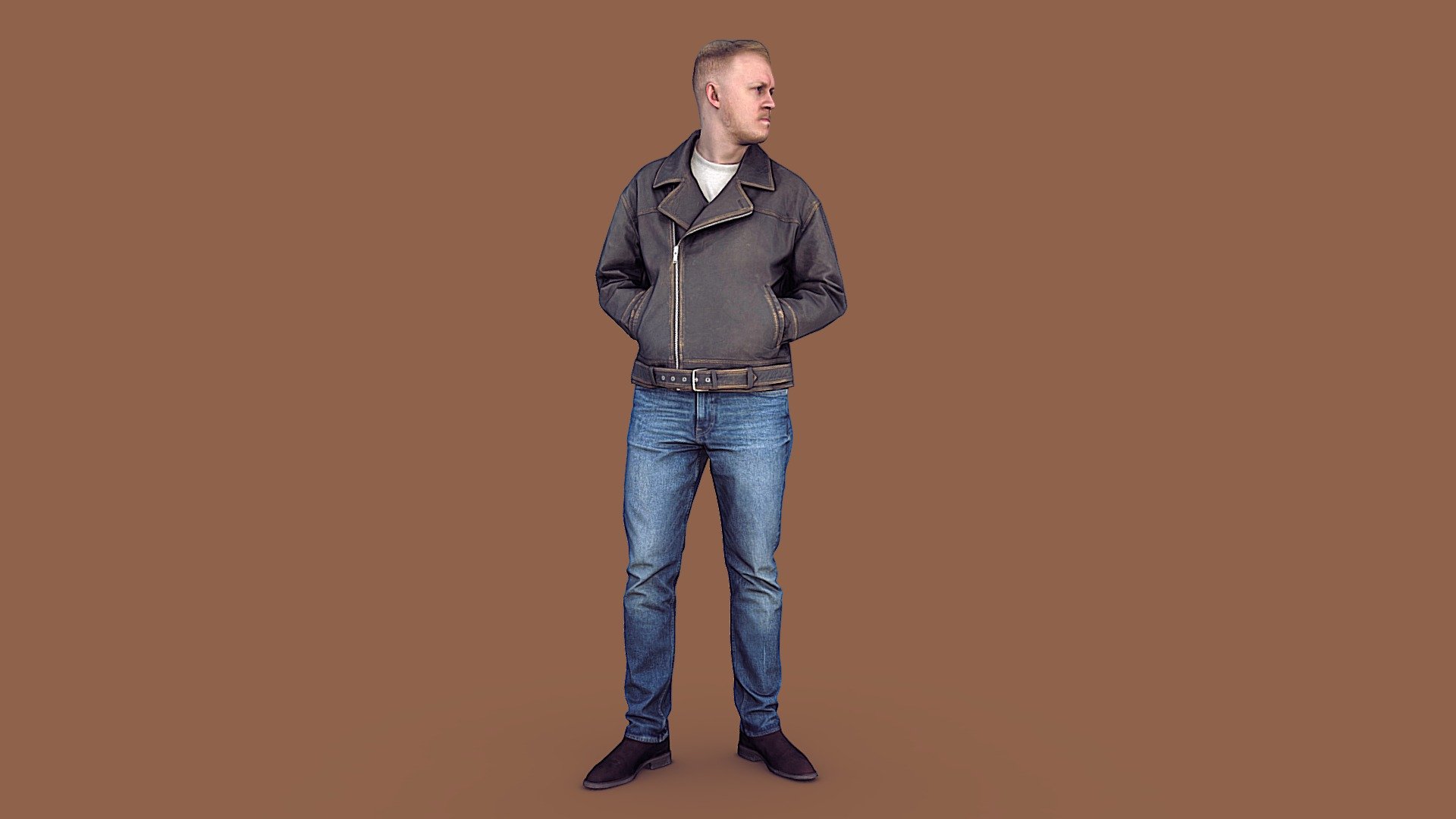 Follow us on instagram 👍🏻

✉️ A young man, a handsome guy, a city dweller, a tourist, in jeans and a vintage leather jacket, standing, waiting for a friend.

🦾 This model will be an excellent mid-range participant. It does not need to be very close and try to see the details, it reveals and demonstrates its texture as much as possible in case of a certain distance from the foreground.

⚙️ Photorealistic Casual Character 3d model ready for Virtual Reality (VR), Augmented Reality (AR), games and other real-time apps. 
Suitable for the architectural visualization and another graphical projects.
50 000 polygons per model 3d model