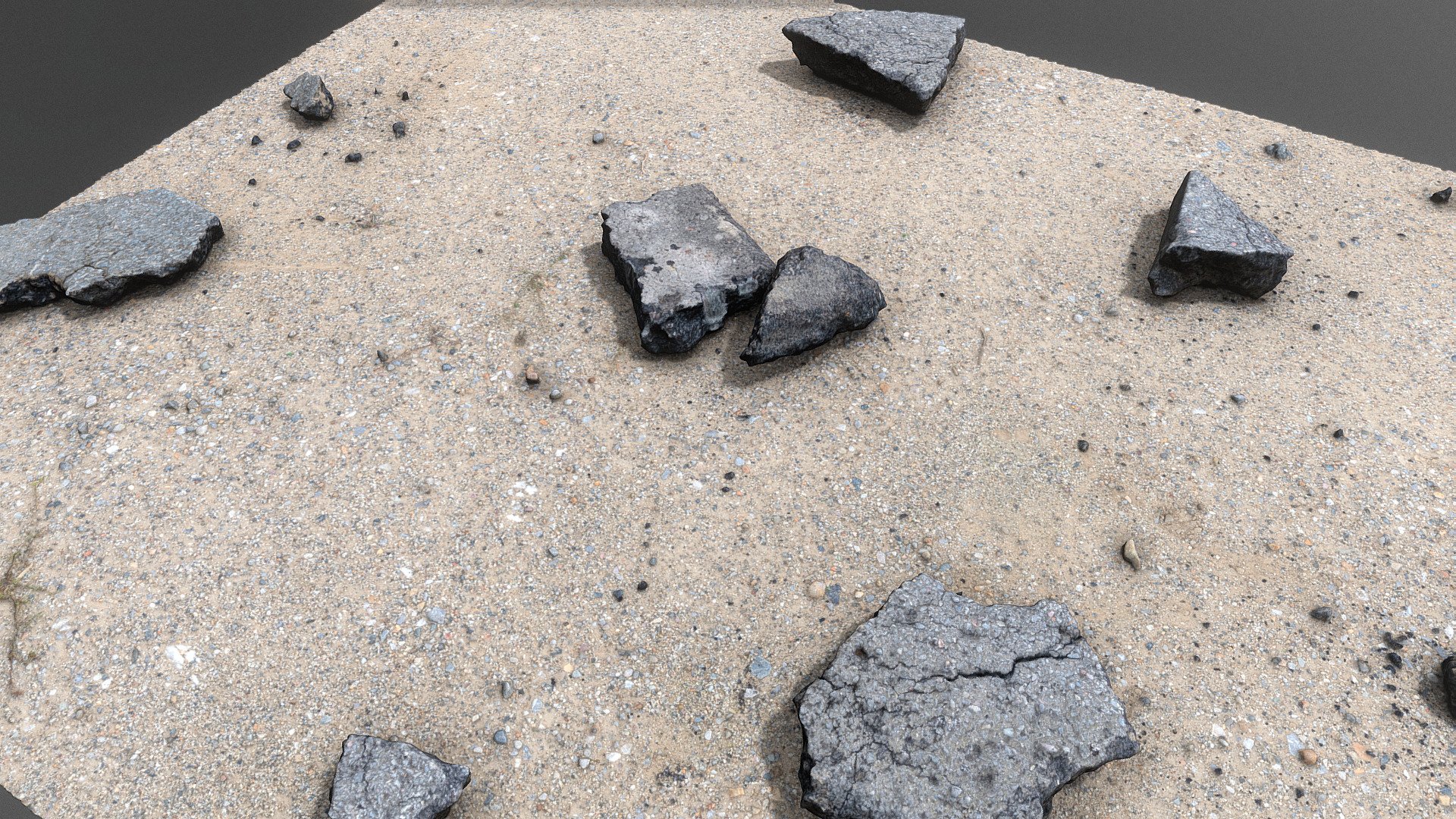 Asphalt road pieces fragments on dusty sandy ground with small pebble stones

Photogrammetry scan 120x24MP, 16K texture - Asphalt fragments on dusty ground - Buy Royalty Free 3D model by matousekfoto 3d model
