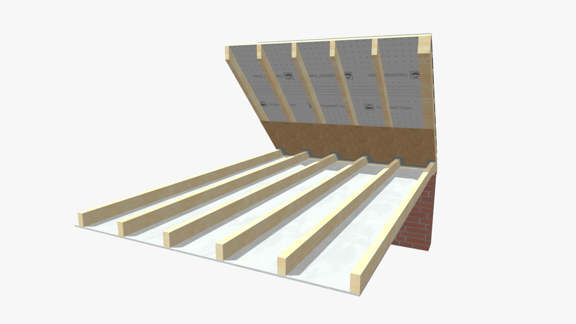 This model shows the first step to insulating your loft. The OSB board is cut to fit around the ceiling joists to provide a barrier up to which the insulation can be pushed, without blocking air flow up between the rafters. The joints between the OSB and the joists and wall should be taped for airtightness with Ampacoll Fenax tape 3d model