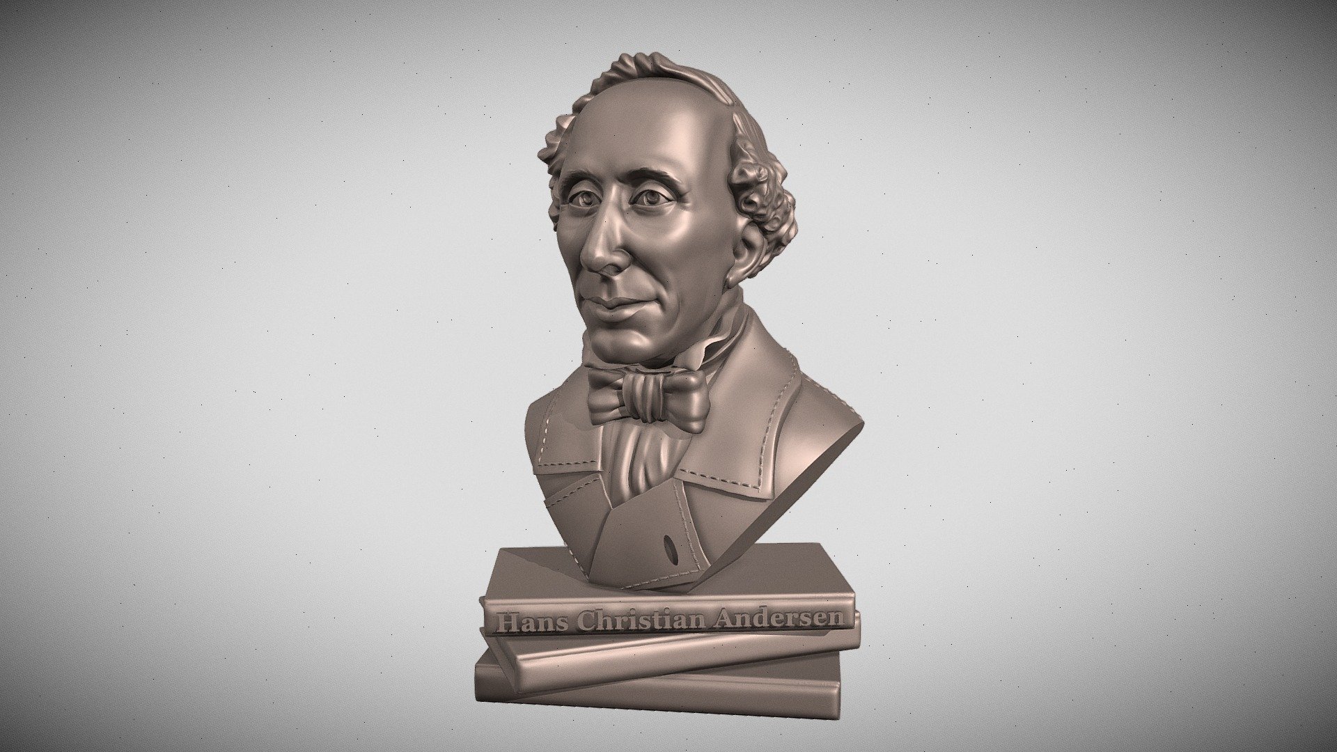 Andersen's bust consists of three parts, these are the head, shoulders and books as a base.
The total height of the sculpture is 160mm.
You will also find a file marked *all parts in one in the title. This is the file to scale if you need to resize 3d model