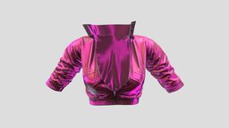 Female Pink Crop Jacket suit, leather, track, front, fashion, up, girls, jacket, top, long, clothes, pink, realistic, real, sleeves, womens, wear, crop, rolled, pbr, low, poly, female, zipped, pulled