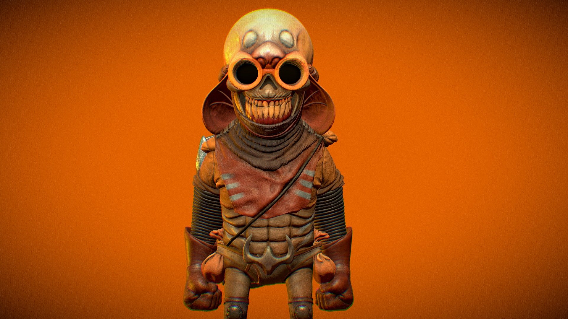 Critter based off an image I got from Midjourny. &ldquo;Orange manic skeletal gas mask showing teeth Halloween in Jack Davis art style