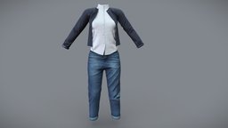 Boyfriend Jeans Cardigan Shirt Casual Outfit white, shirt, front, standing, fashion, girls, legs, open, clothes, pants, stylish, summer, collar, jeans, realistic, real, casual, large, womens, everyday, outfit, wear, crop, cardigan, denim, rolled, boyfriend, loose, pbr, low, poly, female, blue