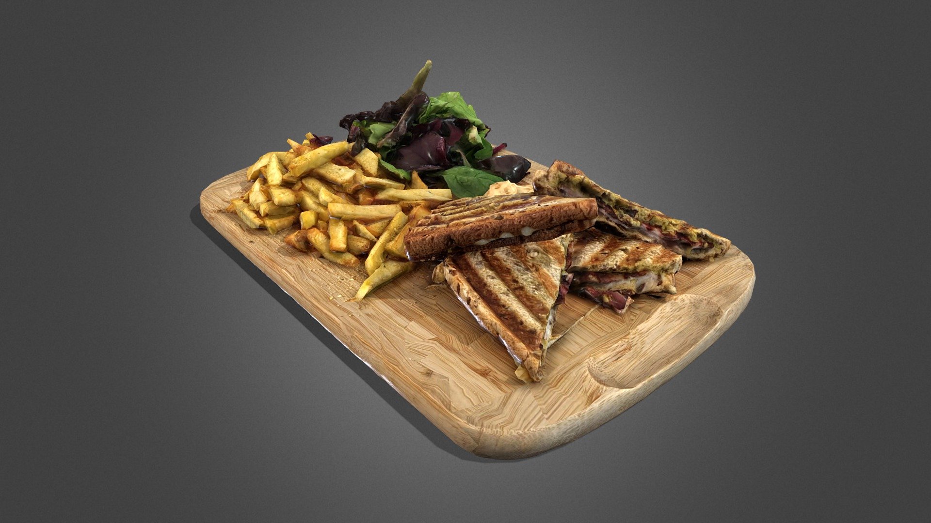 Grilled sandwich, fries and salad on a wooden board 3d model