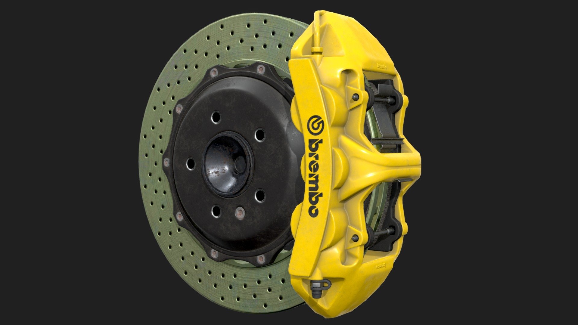 Disk
Polys - 1 984
Verts - 1 857

Dimensions - D 352mm, W 30mm

Support
Polys - 2 134
Verts - 2 052

Dimensions - L 332mm, W 160mm, H 93mm

PBR Low Poly 3d model of sport/racing car brakes by Brembo.You need a minimum of 19 inches rims to fit these brakes.
There is 2 meshes but they use 1 texture set. This model uses the metalness PBR workflow and includes 4k PNG files for the following:


Base Color
Metalness
Roughness
Normal(DirectX)
AO(additional map, it already baked in to Base Color texture)  

Normal maps use DirectX mode, if your software works with OpenGL just invert the green channel.

There is only roughness texture, so if you need glossiness map just invert the roughness texture. The metallic texture in spec/gloss model should be used as the ior map or mask for the blended material and use Base Color texture as specular(reflection) map for second layer material.
Model is fully unwrapped - overlapping for some details.

Originaly created in 3Ds Max 2015
Real-world scale - Brakes BREMBO 6 Pots LowPoly - 3D model by Terllok 3d model