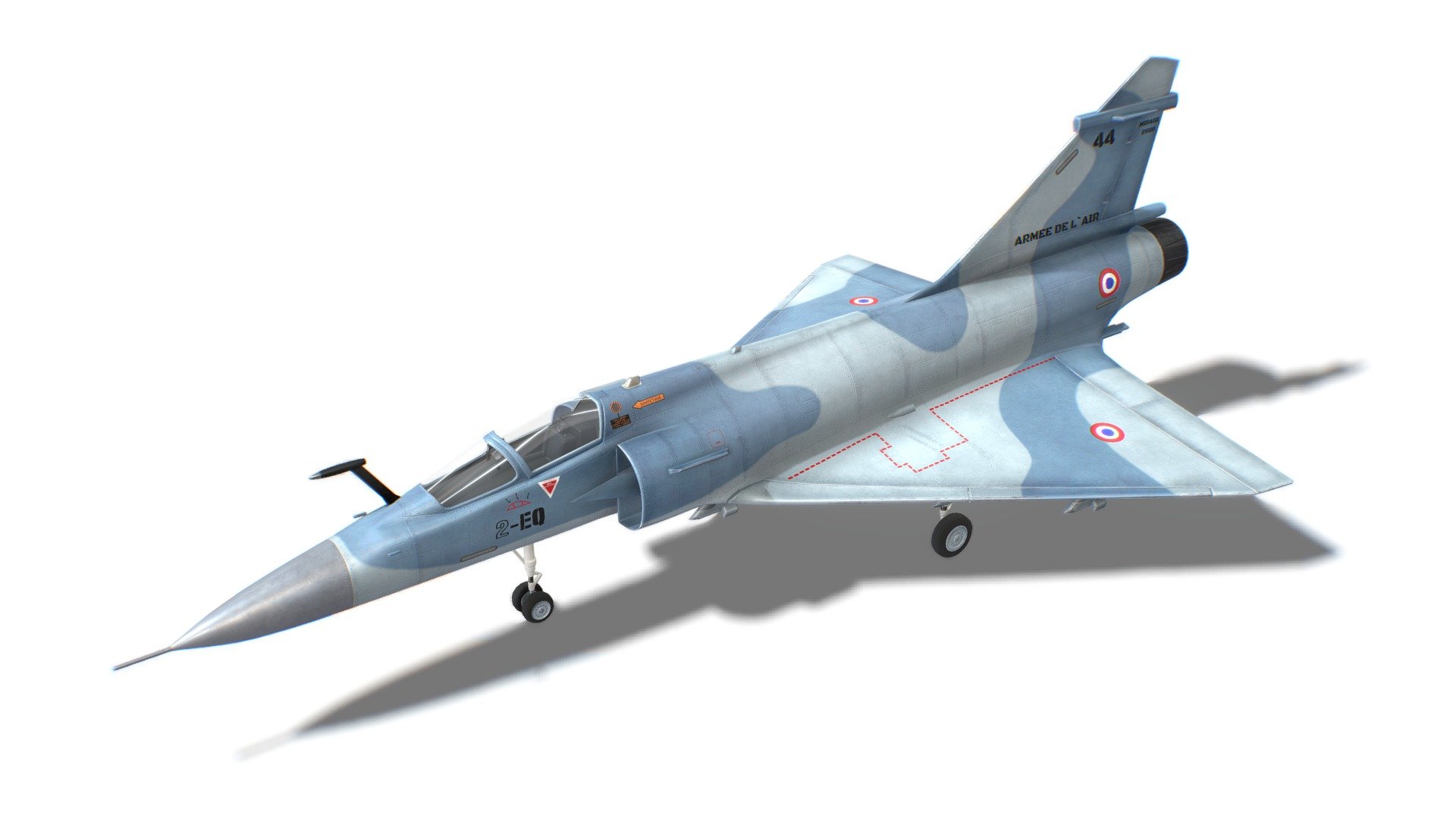 The model looks like a Mirage 2000. All parts of the model were made in full accordance with the original. Each dynamical part is separated and has correct pivot points, that allow easy animation and use in games. 

Advanced information:
- single material for whole mesh;
- set of 4K PBR textures;
- set of 4K Unreal PBR textures;
- set of 4K Unity PBR textures;
- set of 4K CryEngine PBR textures;
- FBX, DAE, ABC, OBJ and X3D file formats;
- 4 level of details;

Mesh details:
LOD0 - 12420
LOD1 - 6209
LOD2 - 3104
LOD3 - 299 - Mirage 2000 Jet Fighter Aircraft - 3D model by FreakGames 3d model