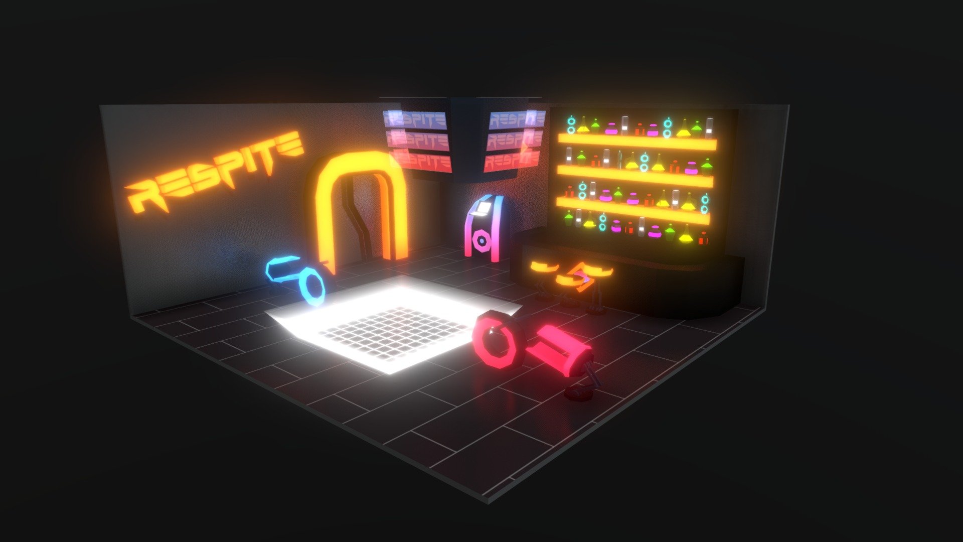 This was an assignment to make a cubicle with one UV map. Lots of sacrifices, but expirementing with materials made this turn out pretty alright! - Cyberpunk neon bar - Download Free 3D model by ranbul 3d model