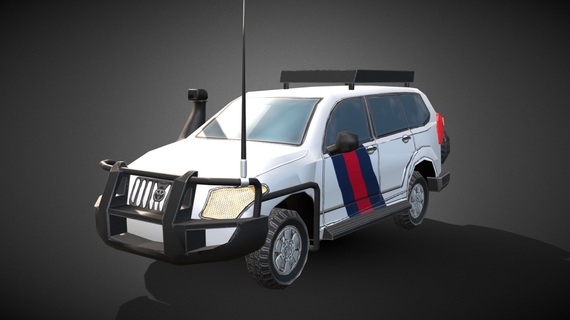 Toyota Prado a low poly vehicle ready for an engine like Unity or Unreal ideal for a RTS, Isometric or a War Video Game it has 1629 verts 2946 tris and 3169 edges and the texture is 2048 x 2048 and includes Diffuse, Metal, Normal and Emissive Map the format is .PNG and the model is available as OBJ, MB and FBX all the pieces are named If you need 3D Game Assets or STL Files I can do commission works 3d model