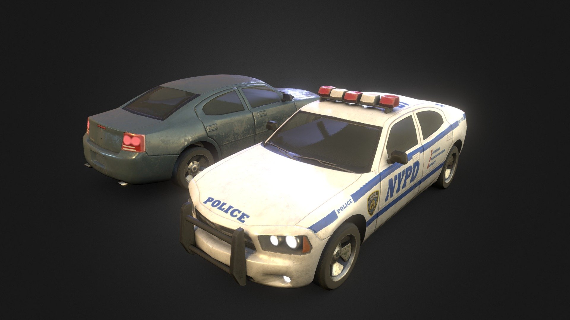 Lowpoly American sedan, in both a civilian and police version.

Modeled in 3DSMax, Textured in Substance Painter.

UPDATE FEB2017: Do not re-upload, re-sell, or use without giving credit, A DMCA will be filed if you do. That being said, enjoy my models. You are welcome to use them in Indie projects, mods, and artwork, as long as I'm credited properly 3d model