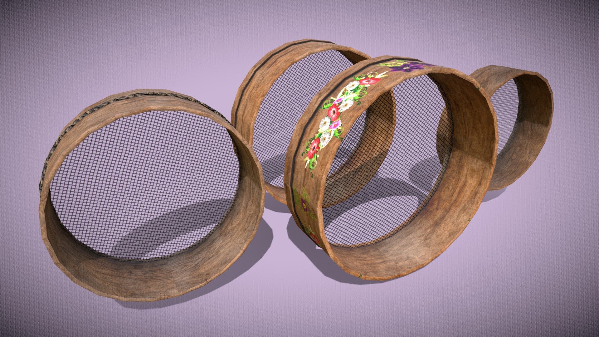 Three old wooden sieves, plus one flower skins. This utensil also looks great on the wall as a decoration. Textures in PBR size 1024. The mesh that filters the flour, the texture is 512. The models are also separately. In additional download more FBX OBJ formats 3d model
