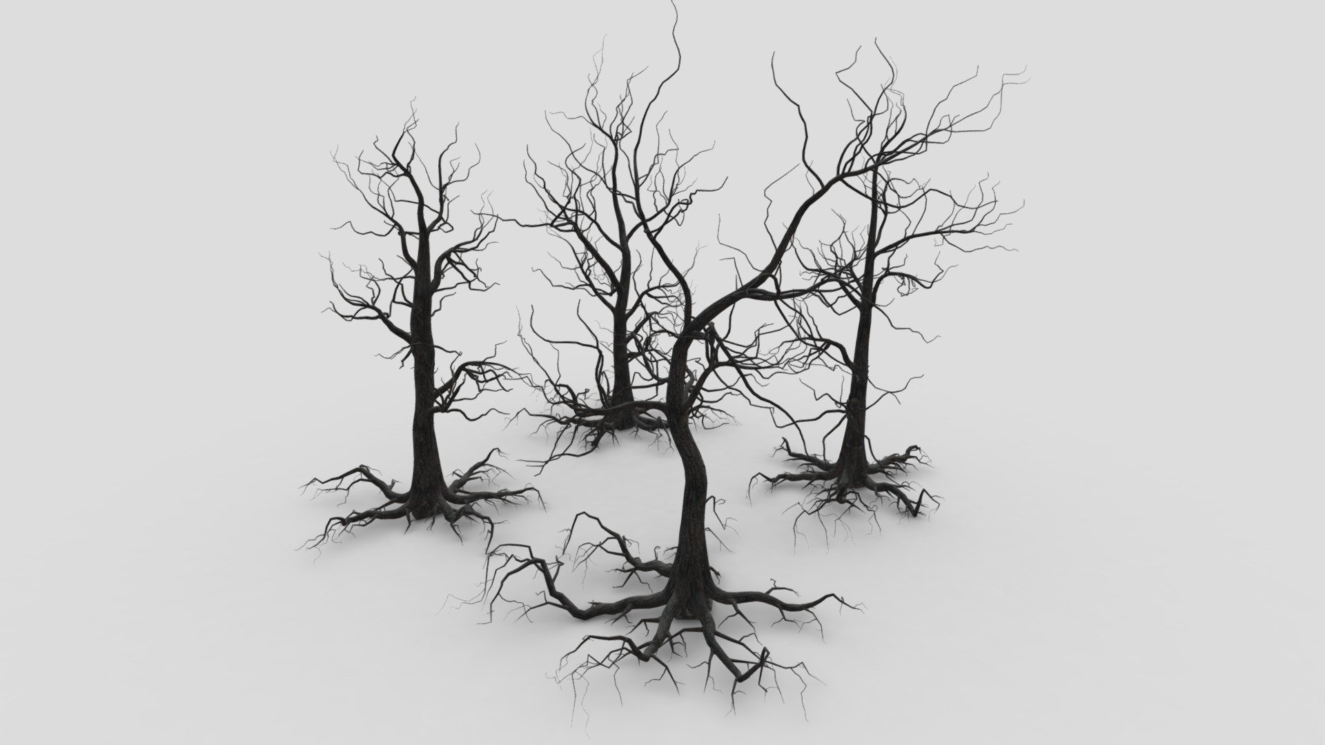 I Try to provide this kind of tree to use in your game and other project. I hope it will be useful for you.
Note: these 4 trees are conected 
 - Halloween Tree-SK-28 - Buy Royalty Free 3D model by ASMA3D 3d model