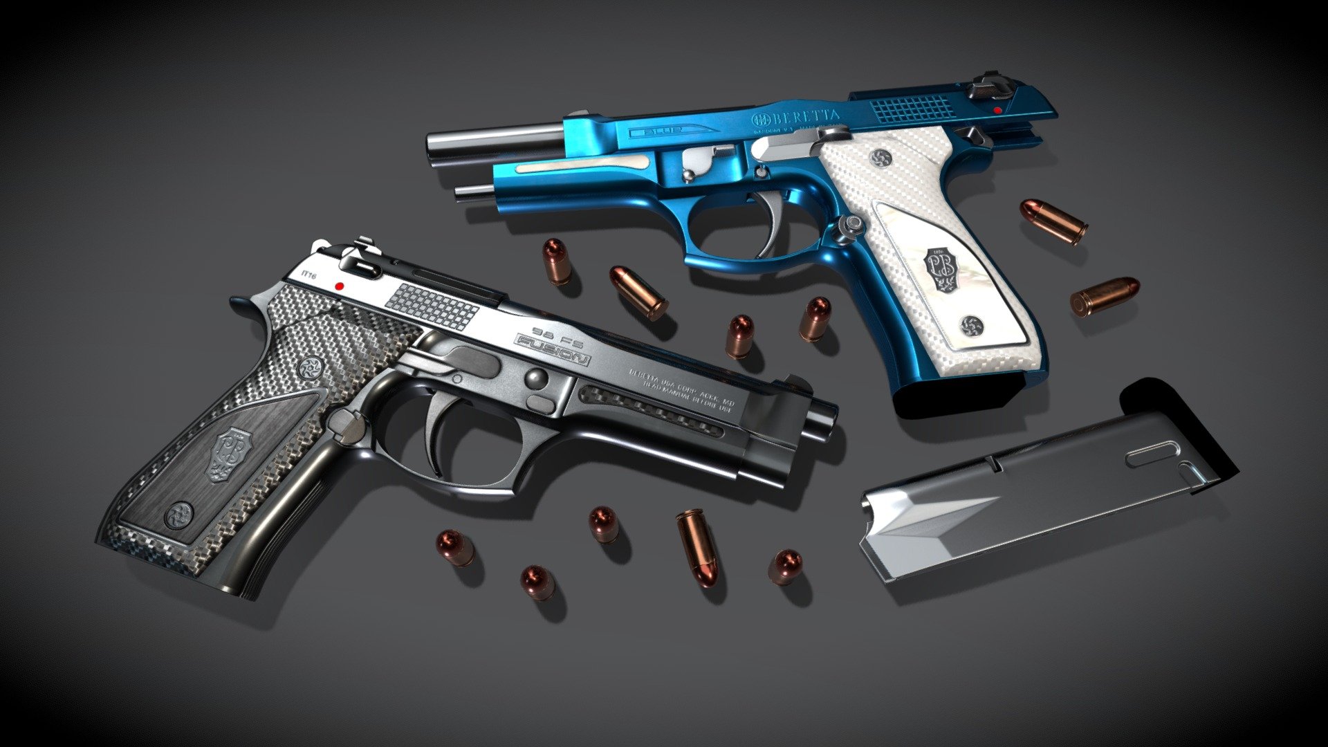 Game-ready high quality low poly model, 2k PBR Textures
Beretta Fusion (Faces: 7176  / Verts: 3806)
Bullet (Faces: 504 / Verts: 256)

Download Link: https://gamebanana.com/models/4395 - "Black & Blue" (Beretta Fusion) - 3D model by eNse7en 3d model