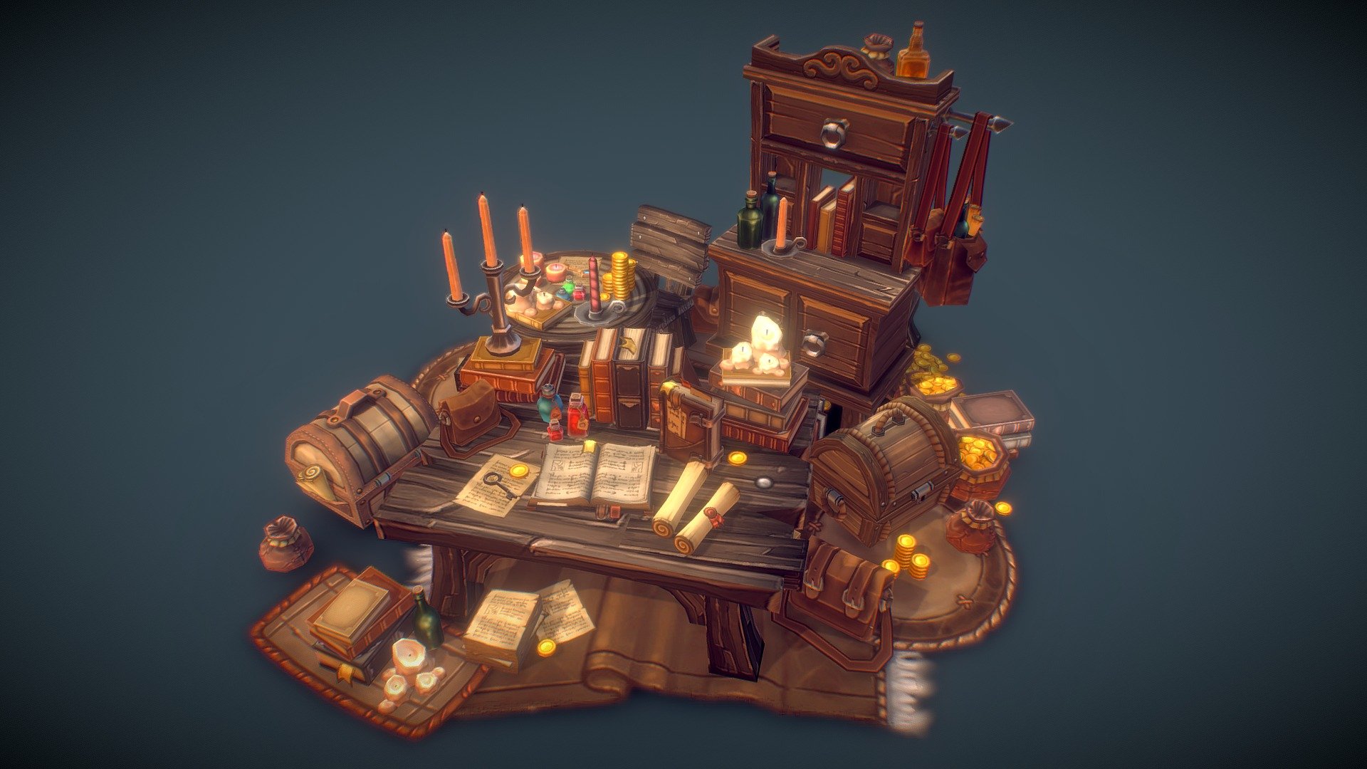 This work is a props and loot set modeled and masterfully painted by Antonio Neves. It has been uploaded by me here for presentation purposes as we are hosting this extraordinary set for him on the BitGem store 3d model