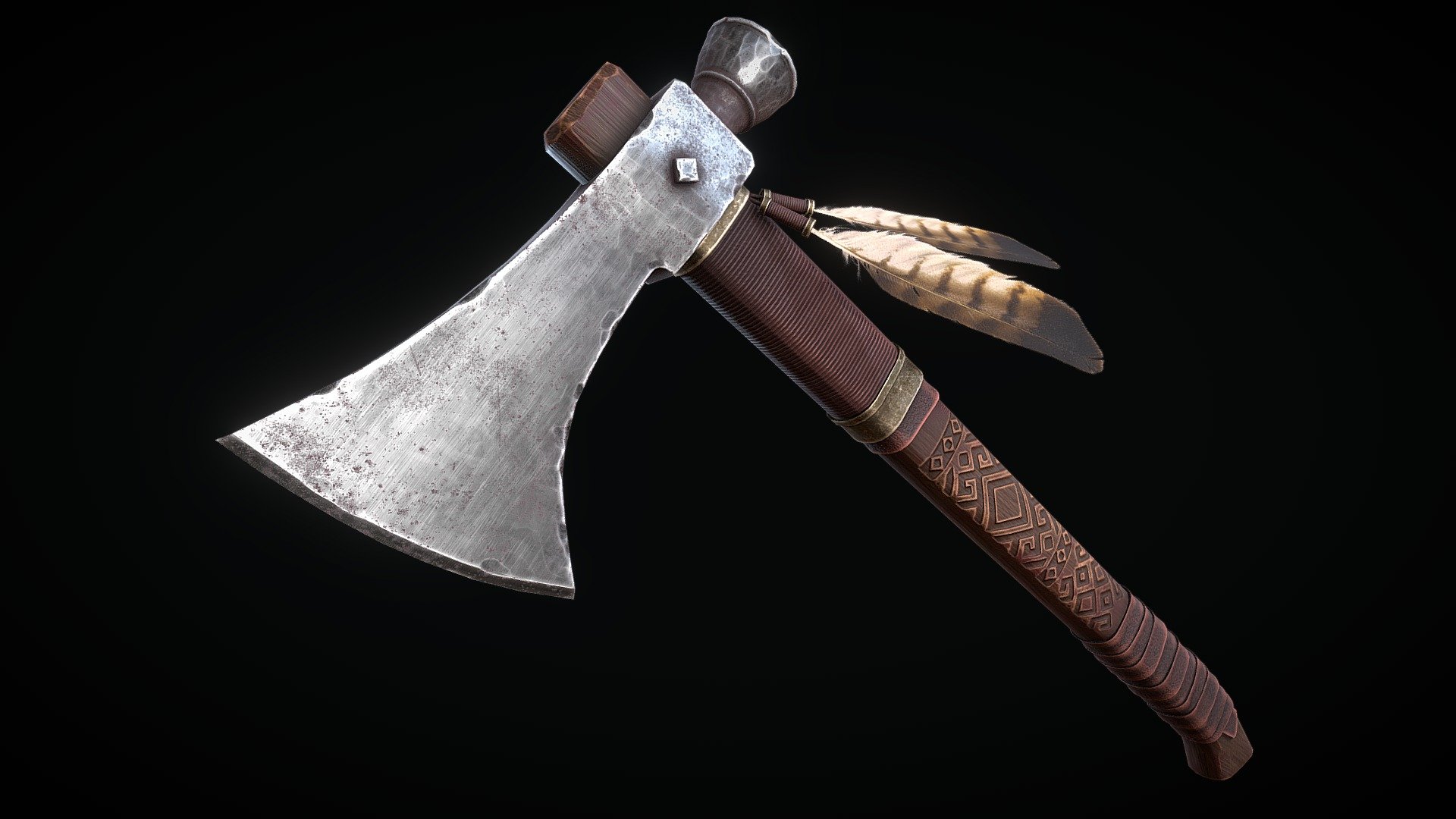 Low-poly 3D model of the Decorated Tomahawk Axe doesn't contain any n-gons and has optimal topology. Model has 2K textures 3d model