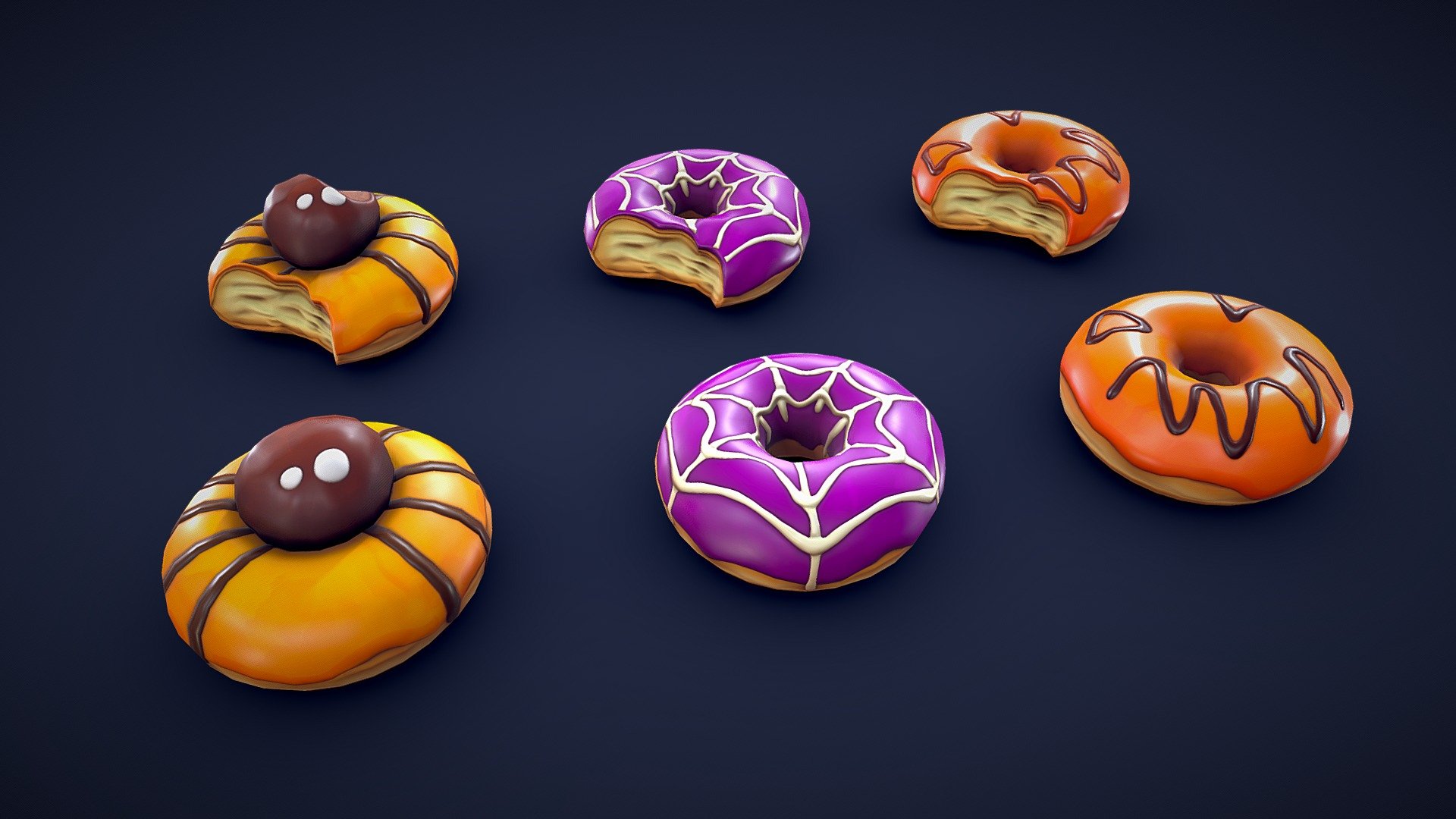 This pack contains 6 different stylized halloween donuts. Whether you need a spider-themed donut, a donut with a bite taken, or a spider-web one, this pack has it all.🍩🎃


These assets are also includes the following asset pack:



Stylized Donut Collection - Low Poly

Model information:




Optimized low-poly assets for real-time usage.

2K and 4K pbr textures for the assets are included.

Optimized and clean UV mapping.

Compatible with Unreal Engine, Unity and similar engines.

All assets are included in a separate file as well.
 - Stylized Halloween Donuts  - Low Poly - Buy Royalty Free 3D model by Lars Korden (@Lark.Art) 3d model