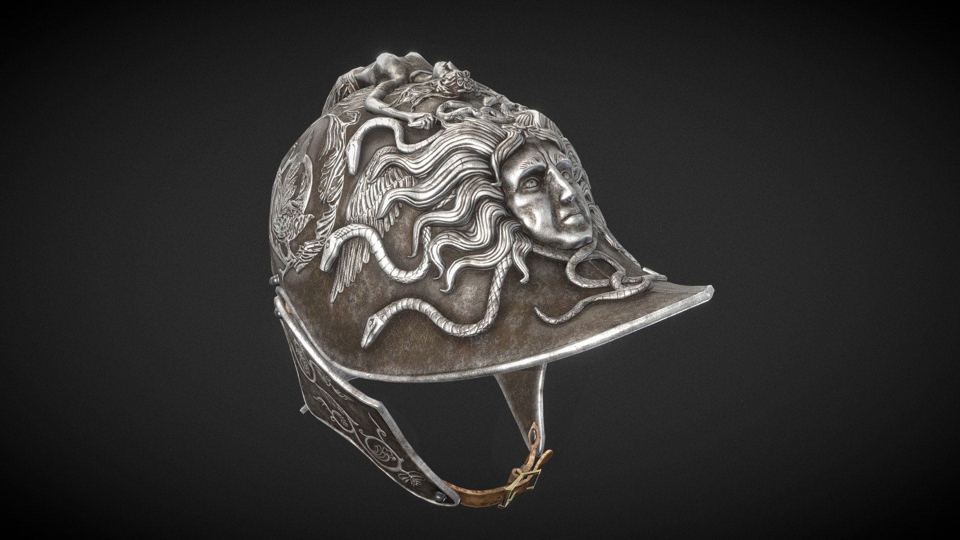 Highly decorative helmet based on the work of Filippo Negroli - a 16th Century Italian master armourer. 

The helmet is covered in an embossed design comprising of Acanthus scrolls and with a reclining mermaid forming the crest 3d model