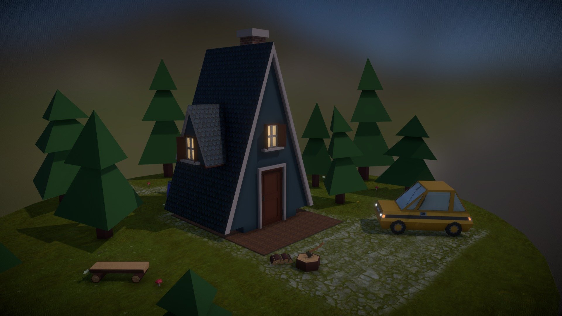 The base idea for this scene is a task from one of VK's Blender learning groups. But because the course itself is paid, I just used several final renders from other students as a references. So my scene is my implementation of this idea: small house in a woods, made with lowpoly technic. In my implementation it's nowadays time, thus I added a car and electric-like lights inside. Making this project from ground zero took about 10 hours. In this project I used texture paint mode and mirroring modifier for the first time. Lowpoly modeling is a new topic for me, so I like the result I got, with using minimum  of textured surfaces. 

The ground texture is hand-painted mix of several good and free textures, I found all over the Pinterest. 
Some of building's textures are also come from Pinterest. The bricks are come from @scadl

The project are made with Blender 2.90.1, rendered with Cycles 3d model