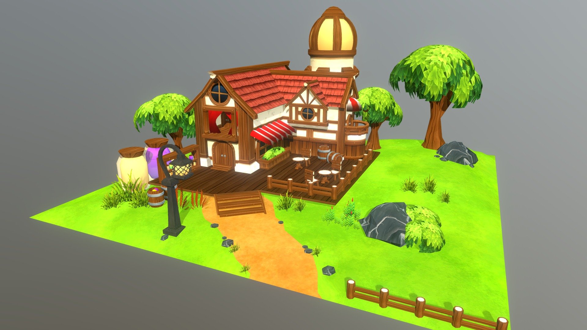 Had to create a interior or exterior of a house/room model for an assignment in school so I made a fantasy Tavern.

Textures:

House: https://opengameart.org/content/houseblocks
Wood: https://opengameart.org/content/light-wood-1024x1024
Lampost Grate: https://opengameart.org/content/metal-grate
Barrel: https://opengameart.org/content/rpg-item-collection-2
Leaves: https://opengameart.org/content/cool-leaves-textures

Ground
https://opengameart.org/content/blended-textures-of-dirt-and-gras
https://opengameart.org/content/10-seamless-grass-textures-that-are-2048-x-2048

Props:
Lamppost: https://opengameart.org/content/2048-stylized-tileable-metal-panel
Rocks: https://opengameart.org/content/hand-painted-mountain-texture

Grass: 
https://opengameart.org/content/stylized-grass-and-bush-textures
https://opengameart.org/content/stylized-grass-and-bush-textures-0 - Stylized Fantasy Tavern - Download Free 3D model by valhel 3d model