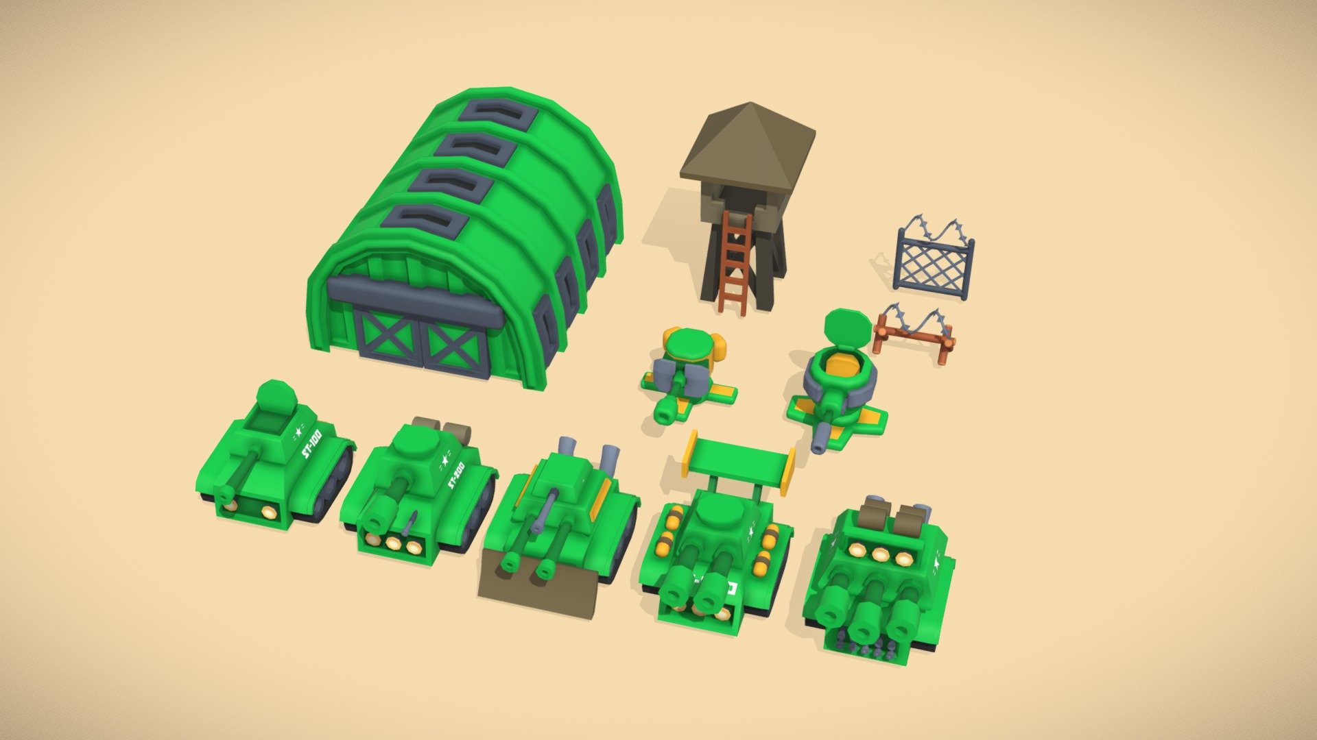Mobile game ready. One texutre. Single material.
In this kit you will get:
- 5 different tank models
- 2 types of turrets
- 2 fences
- 1 army base
-  1 watch tower - Stylized Army game kit Low poly - Buy Royalty Free 3D model by Bob.Ho 3d model