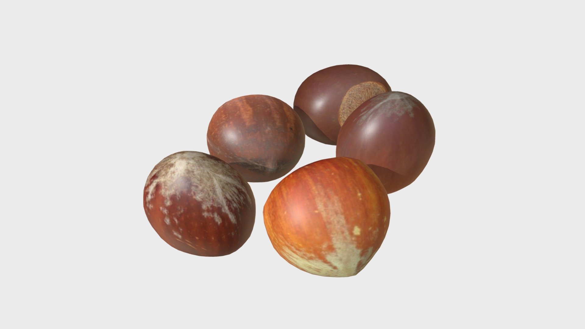 === The following description refers to the additional ZIP package provided with this model ===

Unshelled (whole) hazelnuts 3D Models. 5 individual objects sharing the same OVERLAPPING UV Layout map, Material and PBR Textures set. Production-ready 3D Model, with PBR materials, textures, overlapping UV Layout map provided in the package.

Quads only geometries (no tris/ngons).

Formats included: FBX, OBJ; scenes: BLEND (with Cycles / Eevee PBR Materials and Textures); other: 16-bit PNGs with Alpha.

5 Objects (meshes), 1 PBR Material, UV unwrapped (overlapping UV Layout map provided in the package); UV-mapped Textures.

UV Layout maps and Image Textures resolutions: 2048x2048; PBR Textures made with Substance Painter.

Polygonal, QUADS ONLY (no tris/ngons); 3210 vertices, 3200 quad faces (6400 tris).

Real world dimensions; scene scale units: cm in Blender 3.3 (that is: Metric with 0.01 scale).

Uniform scale object (scale applied in Blender 3.3) 3d model