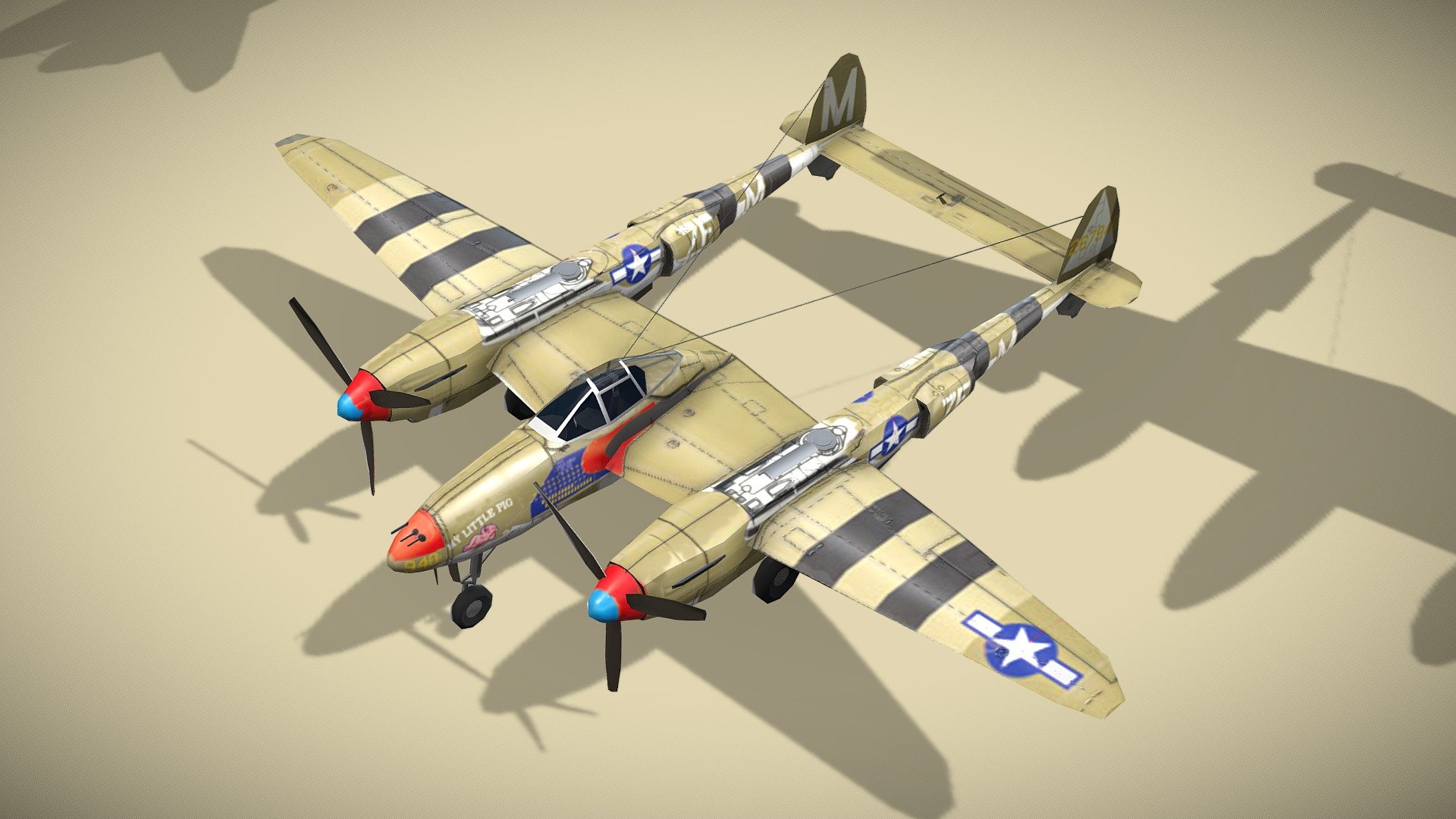 Lockheed P-38 Lightning

Lowpoly model of american fighter plane.



Lockheed P-38 Lightning is an American single-seated, twin piston-engined fighter aircraft that was used during World War II. Developed for the United States Army Air Corps, the P-38 incorporated a distinctive twin-boom design with a central nacelle containing the cockpit and armament. Along with its use as a general fighter, the P-38 was used in various aerial combat roles, including as a highly effective fighter-bomber, a night fighter, and a long-range escort fighter when equipped with drop tanks. Used in the aerial reconnaissance role, the P-38 accounted for 90% of the aerial film captured over Europe.



1 standing version with wheels and 2 flying versions with trails, afterburner, pilot and armament.

Model has bump map, roughness map and 3 x diffuse textures.



Check also my other aircrafts and cars.

Patreon with monthly free model - Lockheed P-38 Lightning - Buy Royalty Free 3D model by NETRUNNER_pl 3d model