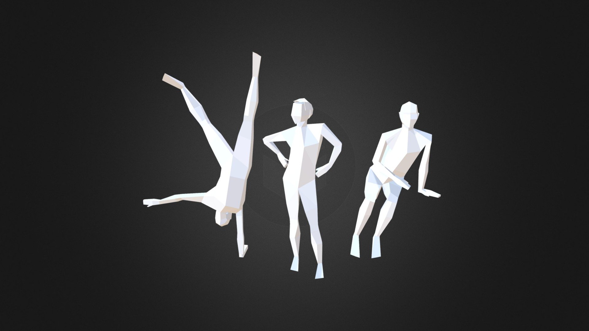 Trio of low poly dummies doing three poses: handstand, stand hands of waist, and sitted 3d model