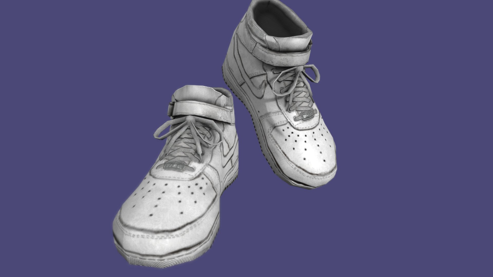 Nike AF1 Sneakers, made to be part of outfits and ensembles.

As with many of my recent models, made heavy use of heightmap painting in Substance Painter, allowing for a relatively clean and low-poly mesh, excellent for use with character outfits. 

On purchase, includes 6 texture sets (high/low top, white,dirty,black) and 2 pairs of pre-exported FBX files for high and low tops, as well as the source .Blend file for further modifications. Originally created using PBR spec/gloss, but PBR met/rough textures are also included.

Modelled in Blender, textured in Substance Painter, additional processing in Substance Designer and Photoshop 3d model