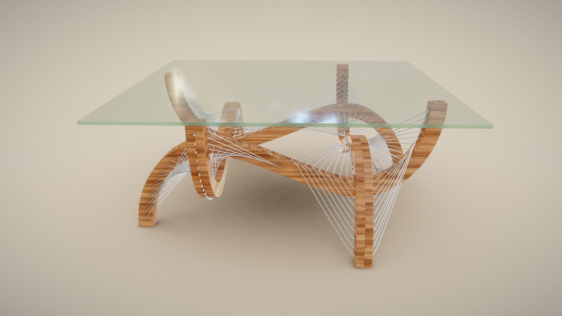 Contour coffee table by Robby Cuthbert Design. Table made from four pieces of wood slabs cut into S shape legs, which are joined together by steel cables and held in place by tension only.

Table dimensions: 86 x 86 x 36 cm (34