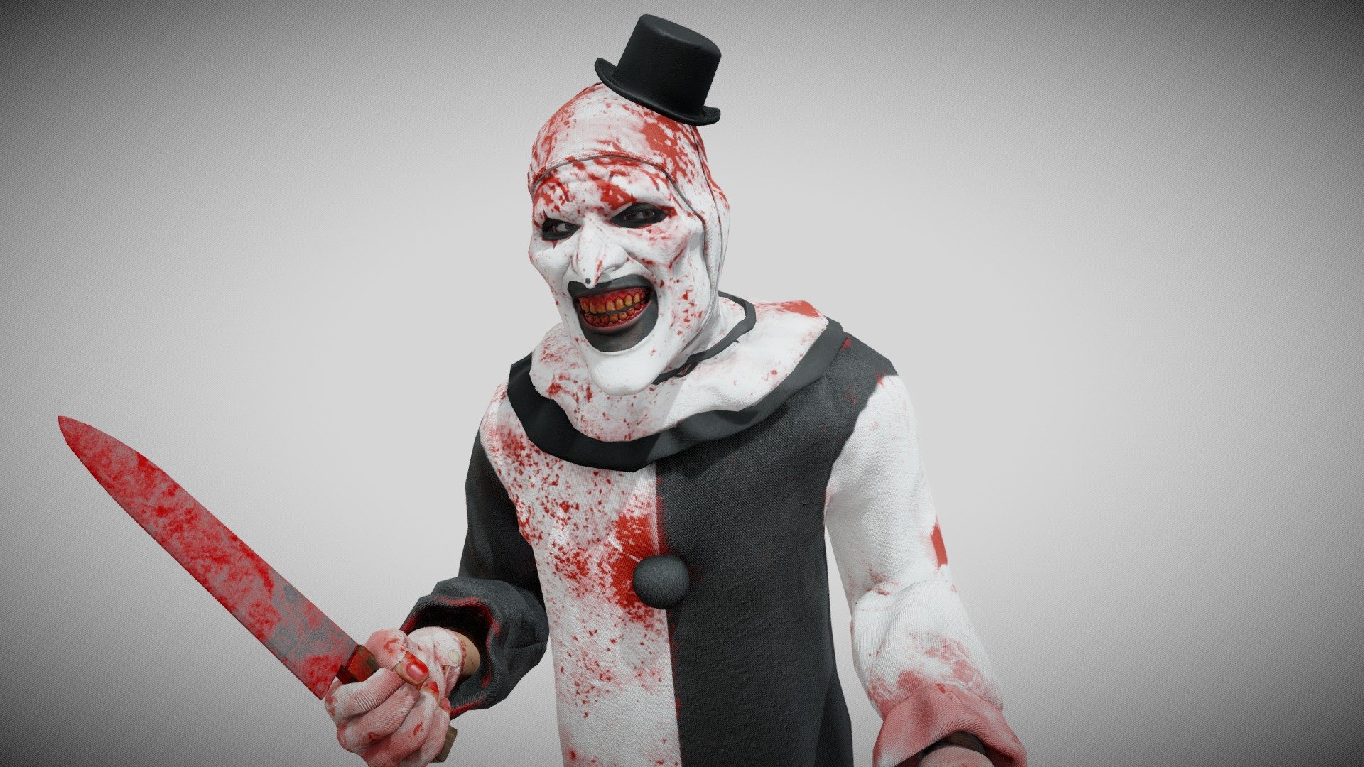 From the movie Terrifier.
It's my favourite horror movie villain.
In this project i was looking to improve on techniques such as baking and texturing to maintain the details from the high poly model to the low poly model. Also was a great character to practice sculpting cloth - Art The Clown - Download Free 3D model by TaBByR 3d model