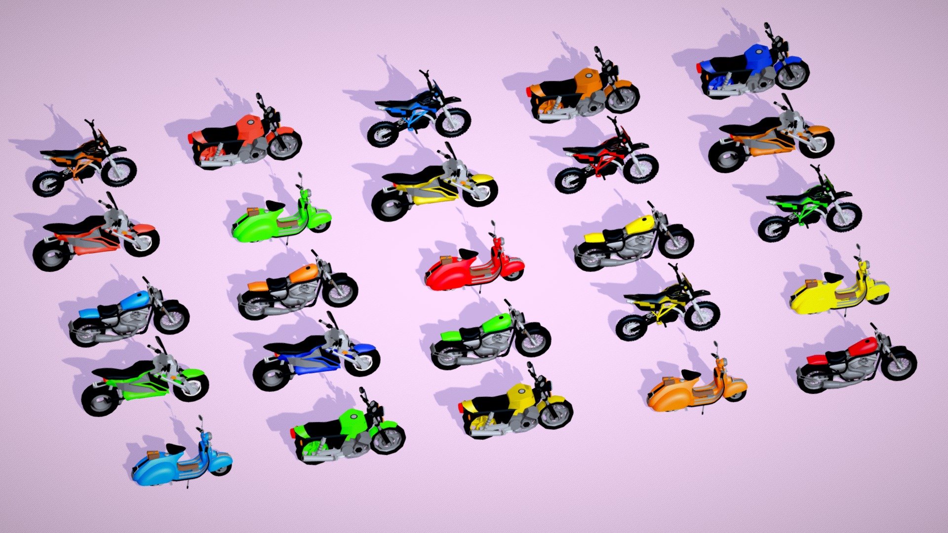 Created 25 very nice Bikes in a single pack. All the models are originally prepared in Blender. The package includes the following file formats: Blend, Glb, Obj

You can export any file format from the source blend file.
Materials are used to make these vehicles colorful. You can also make the many color variant of your choice by changing the colors in the material.

Enjoy this Bike Two Wheeler pack. If you like it then add comments below 3d model