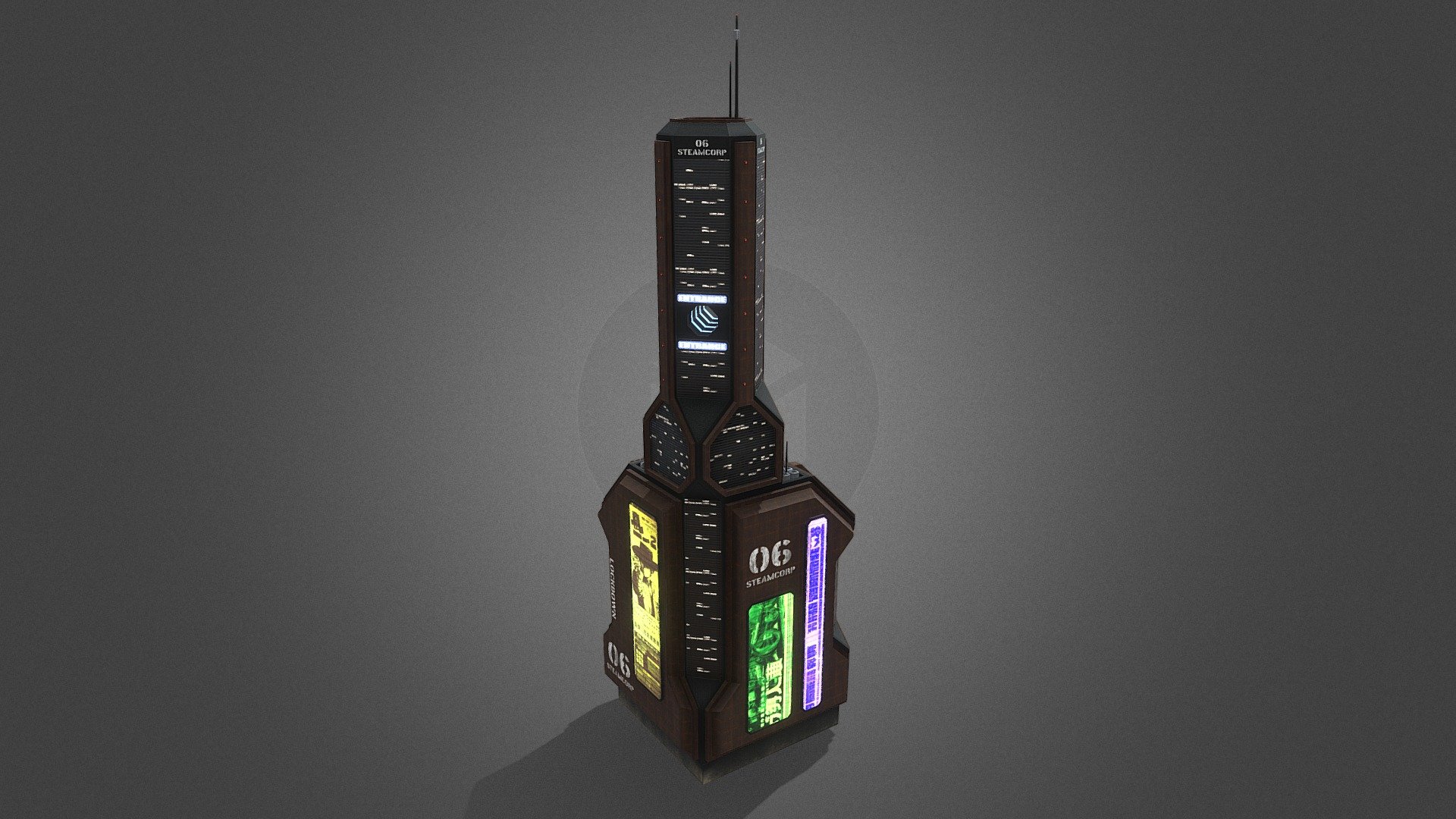 LowPoly SciFi/Cyberpunk Building Zip file contain - FBX, GLB, GLTF, OBJ, x3d formats and also a .blend file. 

Texture maps in 4 resolutions : 512x512, 1024x1024, 2048x2048, 4096x4096 

* Color/Diffuse * Roughness map * Normal map * Emission map * AO map * glossiness map 

 

I hope you will enjoy my product! If you have questions about this model or you have a problem send me a message: . 

Check out my other models in this style! I hope you will enjoy this model! 

 

Artstation: https://www.artstation.com/aroba 

IG: https://www.instagram.com/blue.blender.print/ 

 

“One or more textures bundled with this project have been created with images from Textures.com.” 
 - SciFi Cyberpunk Building 06 - Buy Royalty Free 3D model by @blue.blender.print (@arobaco) 3d model