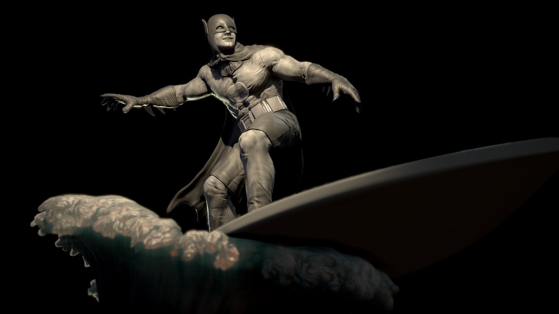 This is a sculpture I've been working on recently, focused on 3D printing. I wanted to make a different Batman from what's usually made, so I went back to the old TV series and found this great moment in which he's surfing. I just made him a bit stronger, but I wanted to make something light-hearted and fun :) - Surfing Batman - Buy Royalty Free 3D model by Davi Cao (@davicao) 3d model