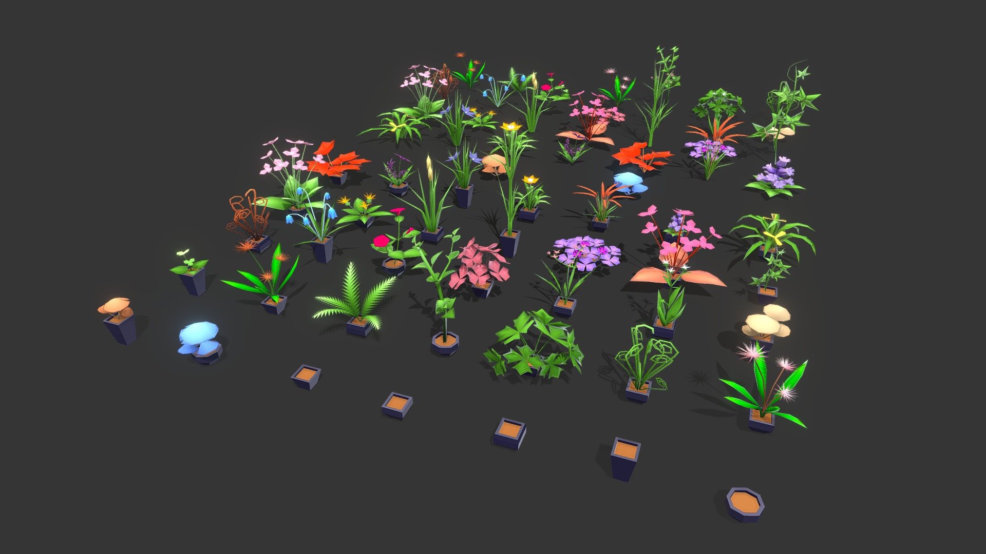 Good day, i hope you will like this plant and flower pack made in blender.
This Pack contains
 -30 plants and flowers
 -30 plants and flowers with pots
 -5 pots
Game ready

Checkout my other low poly packs:

Flower Pack: https://sketchfab.com/3d-models/stylize-low-poly-flowers-pack-dc6474e66ec4493ea55af5332638fdd9

Tree Pack: https://sketchfab.com/3d-models/stylize-low-poly-trees-pack-3ccc978e370b42e5a3f4af85c1f05f7b - Stylize Low Poly Plants and Flowers Pack - Buy Royalty Free 3D model by LowPolyBoy 3d model