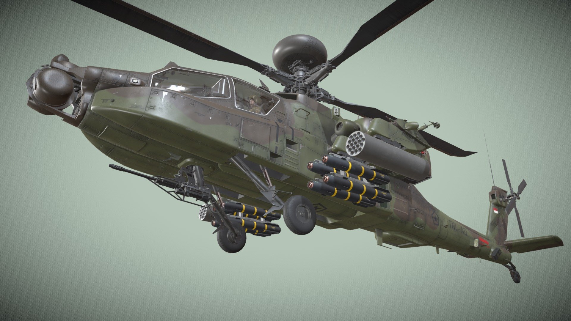 Helicopter Apache AH-64E Guardian Indonesia Basic Animation


Static and Complex Animation versions are available as seperate models (see my profile models)


File formats: 3ds Max 2021, FBX, Unity 2021.3.5f1


This model contains 6 Animations (See dropdown list below the time line)


Weapon:


External Fuel Tank 

Launcher M-260 with Hydra 70 missiles 

Launcher M-261 with Hydra 70 missiles 

Hellfire launcher and missiles 

M230 chain gun 

AIM-9L Missile


This model contains PNG textures(4096x4096):


-Base Color

-Metallness

-Roughness


-Diffuse

-Glossiness

-Specular


-Emission

-Normal

-Ambient Occlusion
 - Apache AH-64E Guardian Indonesia Basic - Buy Royalty Free 3D model by pukamakara 3d model