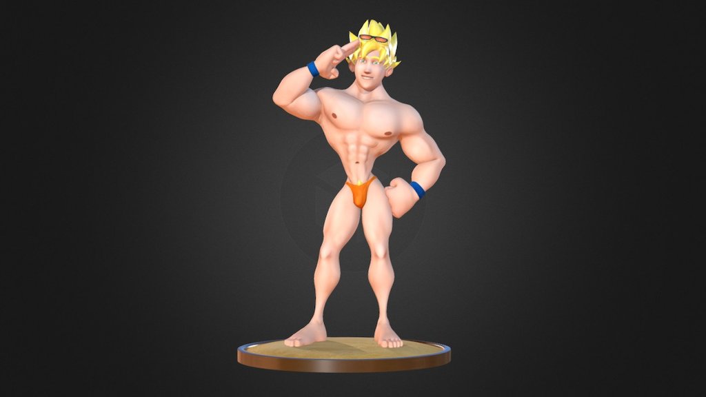 Model of Goku from Dragon Ball on a summer outfit. I did handpainted texture to create some volume without any bump or normal map (except on the sand) 3d model