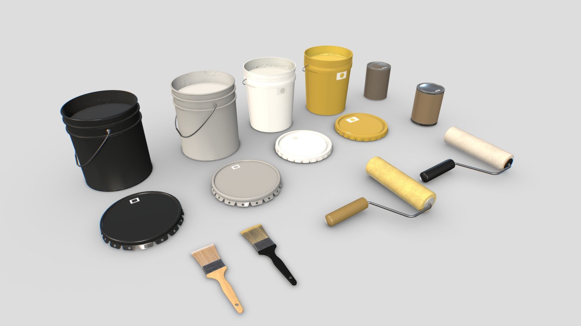 Pack of painting tools. Realistic scale. Includes 3 paint buckets, 1 brush and 1 paint roller.

Each objects comes with 2 texture sets, for a total of 14 different objects.

2 materials.

PBR 4096x PBR textures including Albedo, Normal, Metalness, Roughness and AO. Unreal ARM mask texture included (ao, rough, metal). Also unity HDRP mask included.

15k verts and 30k tris in total 3d model